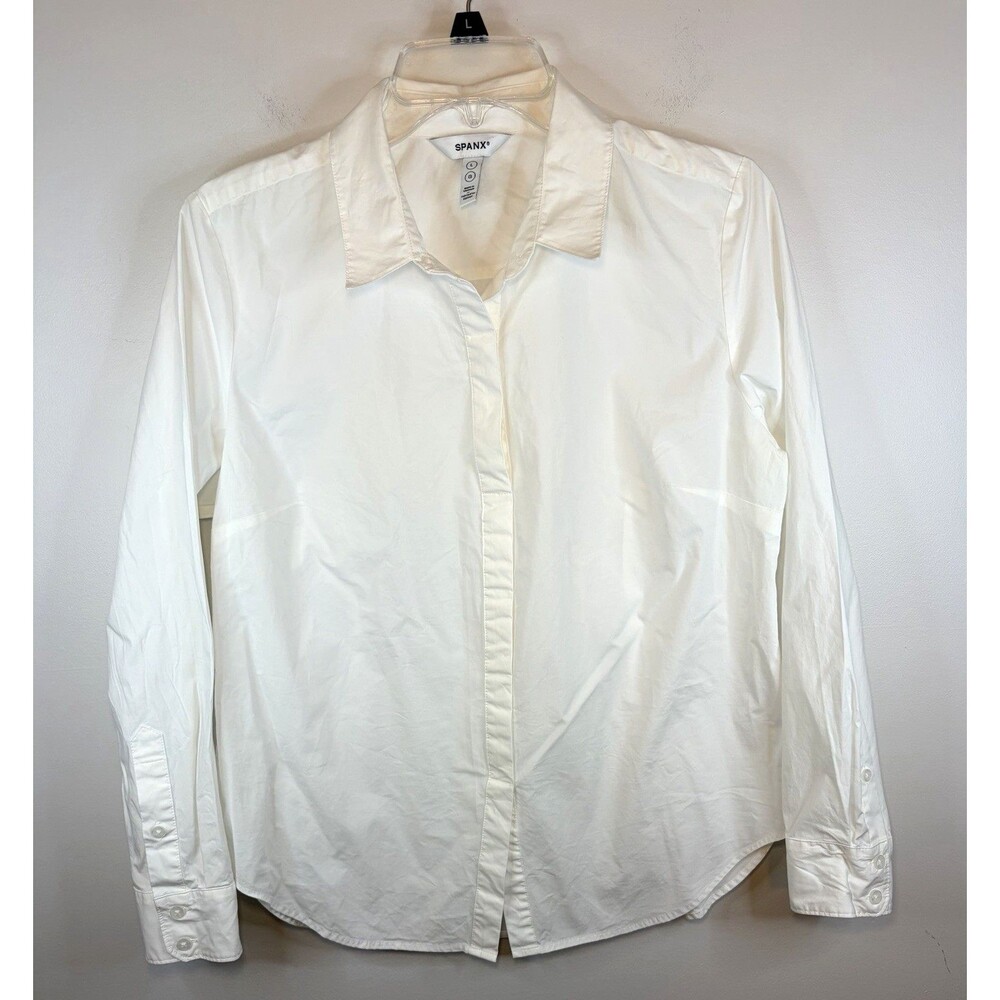 SPANX Poplin Button Down Shirt Women Large White Stretch Collared Cotton Classic